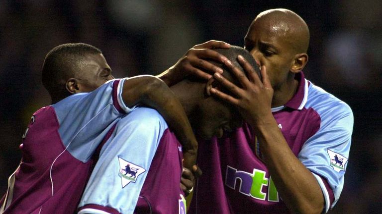 11 Nov 2000: Ian Taylor of Aston Villa celebrates with team mates Dion Dublin and George Boateng after scoring the second goal against Tottenham Hotspur during the FA Carling Premiership match at Villa Park, Birmingham. Mandatory Credit: Shaun Botterill/ALLSPORT