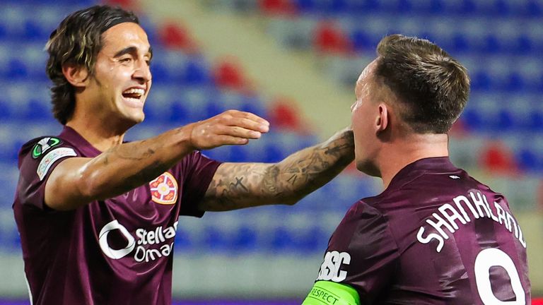 Yan Dhanda (left) celebrates with Lawrence Shankland after scoring Hearts' late winner in the Europa Conference League.