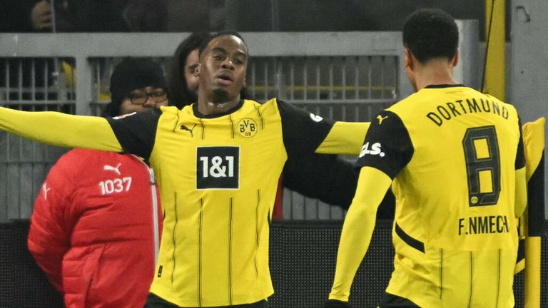 Jamie Bynoe-Gittens celebrates after giving Borussia Dortmund a first-half lead against BAyern Munich