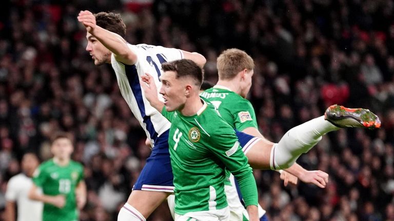 Taylor Harwood-Bellis scores England's fifth goal against Republic of Ireland