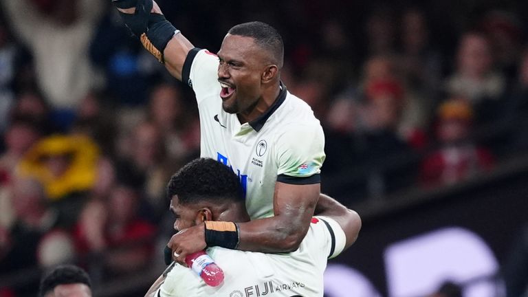 Fiji's Jiuta Wainiqolo celebrates their side's win after the Autumn international match at Principality Stadium, Cardiff. Picture date: Sunday November 10, 2024.