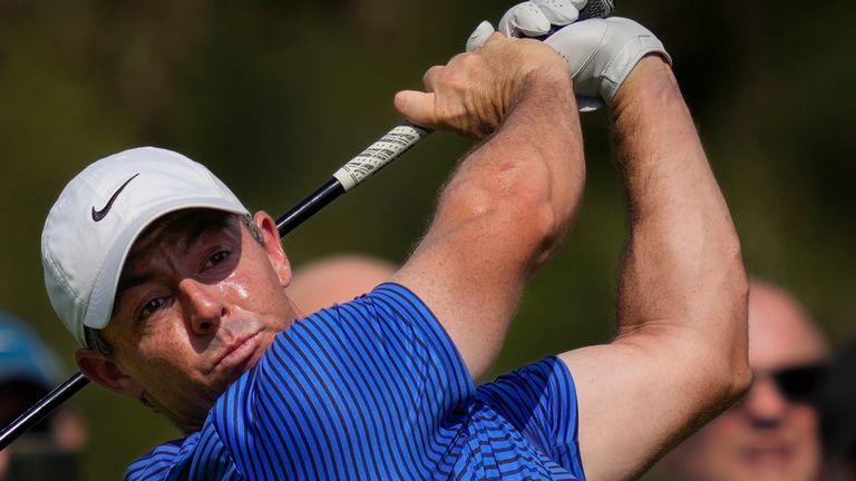 Rory McIlroy of Northern Ireland tees off at 2nd hole in the final round of World Tour Golf Championship in Dubai, United Arab Emirates, Sunday, Nov. 17, 2024. (AP Photo/Altaf Qadri) 