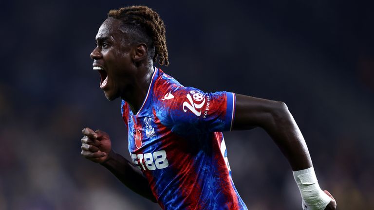 Trevoh Chalobah runs to celebrate after giving Crystal Palace a second-half lead at Wolves