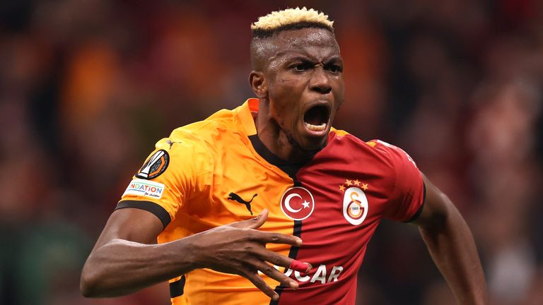 Victor Osimhen celebrates scoring for Galatasaray against Tottneham.