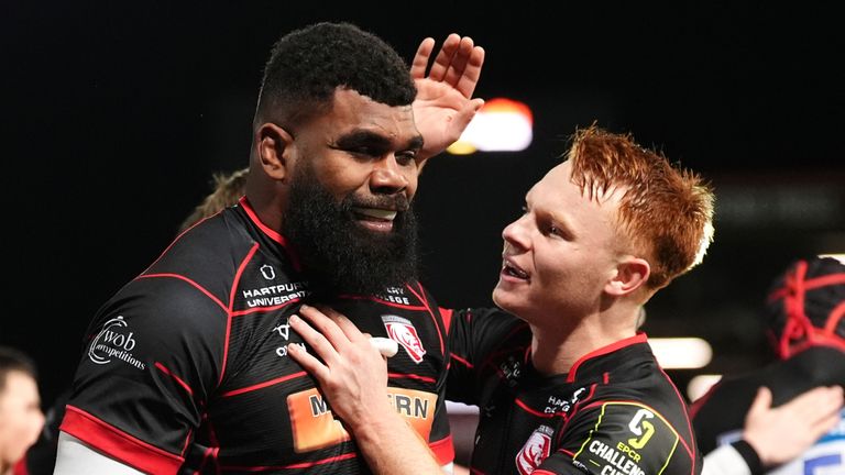 Gloucester's Albert Tuisue celebrates scoring their side's second try of the game during the Challenge Cup match at the Kingsholm Stadium, Gloucester. Picture date: Friday December 6, 2024. 
