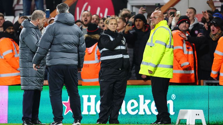 Tottenham manager Ange Postecoglou argues with angry Spurs fans at Bournemouth