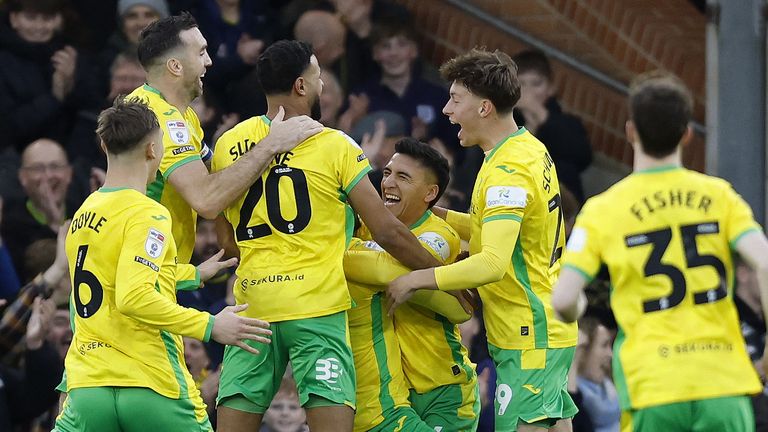 Norwich players celebrate Jose Cordoba's early strike against Burnley