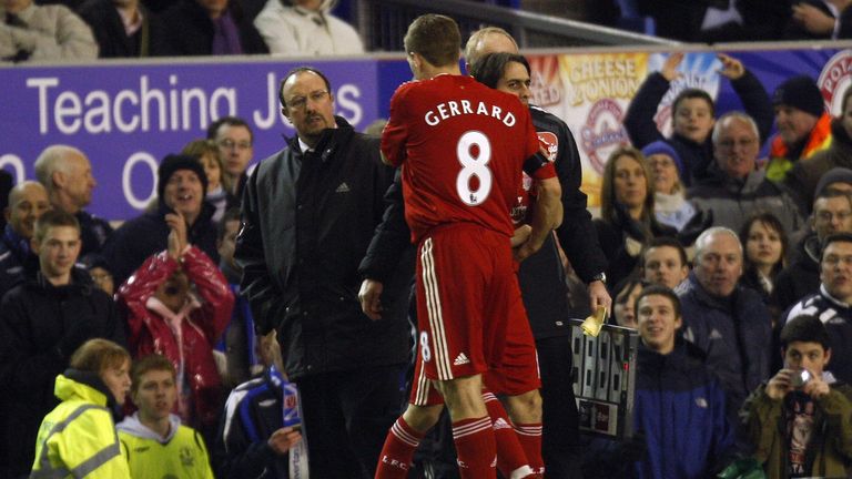 Steven Gerrard is substituted by Rafa Benitez in the derby