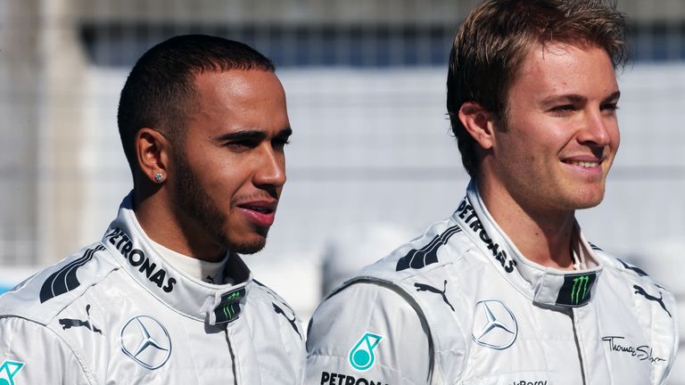 Lewis Hamilton and Nico Rosberg's first photocall as Mercedes team-mates in 2013