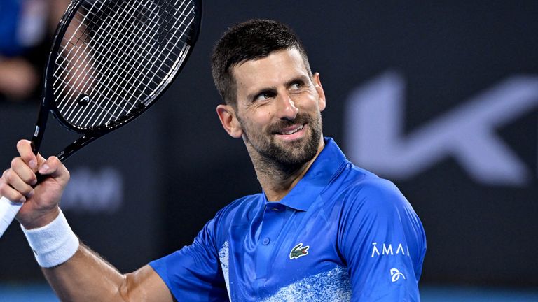 Novak Djokovic of Serbia celebrates winning his men's singles match against Australia's Rinky Hijikata at the Brisbane International tennis tournament in Brisbane on December 31, 2024. (Photo by William WEST / AFP) / --IMAGE RESTRICTED TO EDITORIAL USE - STRICTLY NO COMMERCIAL USE--