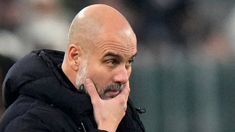 Manchester City's head coach Pep Guardiola reacts during the Champions League, opening phase soccer match between Juventus and Manchester City at the Allianz stadium in Turin, Italy, Tuesday, Wednesday, Dec.11, 2024. (AP Photo/Luca Bruno)