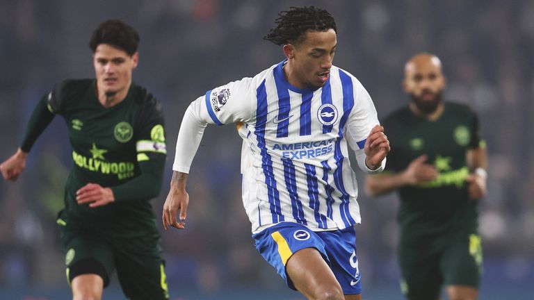 Joao Pedro runs at the Brentford defence