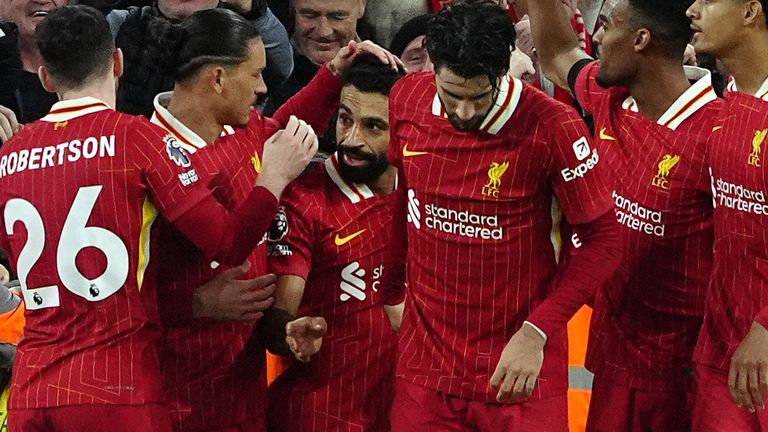 Mohamed Salah is mobbed by his team-mates after putting Liverpool 2-0 up against Man City