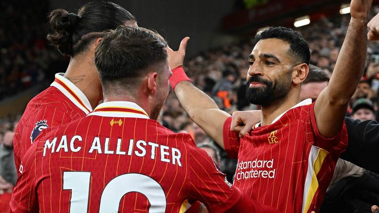 Mohamed Salah celebrates after scoring Liverpool's second goal against Man City