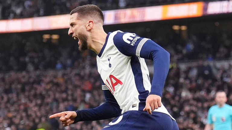 Rodrigo Bentancur wheels away to celebrate after scoring Spurs' equaliser against Wolves