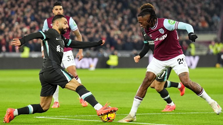 Mohamed Salah takes on Aaron Wan Bissaka