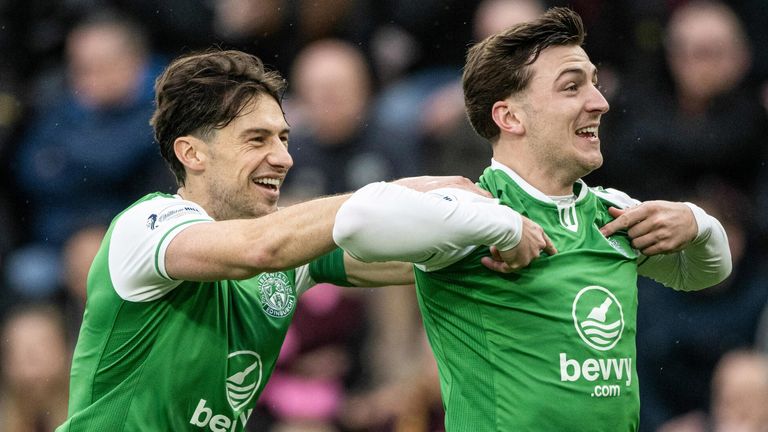 Josh Campbell celebrates with Joe Newell after Hibs take the lead against Hearts via a Kye Rowles own goal