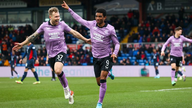 DINGWALL, SCOTLAND - JANUARY 29: Amad Diallo celebrates after scoring to make it 1-0 Rangers during a cinch Premiership match between Ross County and Rangers at the Global Energy Stadium, on January 29, 2022, in Dingwall, Scotland. (Photo by Craig Williamson / SNS Group)