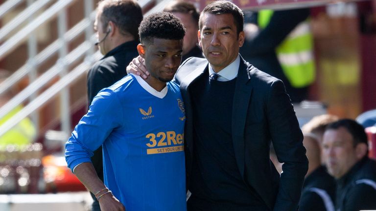 MOTHERWELL, SCOTLAND - APRIL 23: Rangers' Amad Diallo (L) and manager Giovanni van Bronckhorst during a cinch Premiership match between Motherwell and Rangers at Fir Park, on April 23, 2022, in Motherwell, Scotland.  (Photo by Craig Foy / SNS Group)