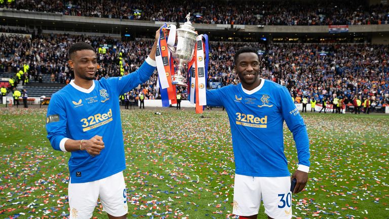 GLASGOW, SCOTLAND - MAY 21: Rangers Amad Diallo and Fashion Sakala with the Scottish Cup Trophy during the Scottish Cup Final match between Rangers and Hearts at Hampden Park, on May 21, 2022, in Glasgow, Scotland.  (Photo by Alan Harvey / SNS Group)