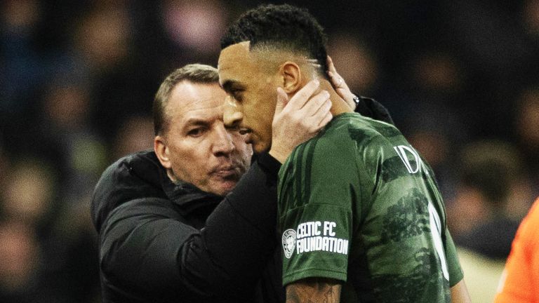 BIRMINGHAM, ENGLAND - JANUARY 29: Celtic Manager Brendan Rodgers and Adam Idah during a UEFA Champions League 2024/25 League Phase MD8 match between Aston Villa and Celtic at Villa Park, on January 29, 2025, in Birmingham, England. (Photo by Craig Foy / SNS Group)