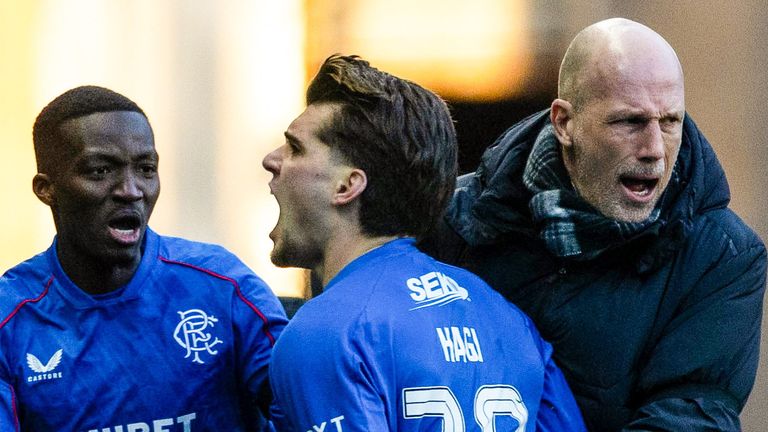 GLASGOW, SCOTLAND - JANUARY 02: Rangers' Ianis Hagi (centre) celebrates scoring to make it 1-0 with manager Philippe Clement during a William Hill Premiership match between Rangers and Celtic at Ibrox Stadium, on January 02, 2025, in Glasgow, Scotland.  (Photo by Craig Foy / SNS Group)