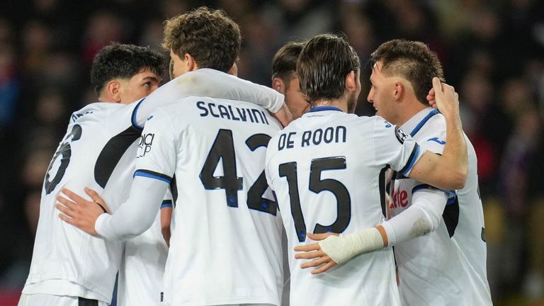 Atalanta players celebrate after levelling their Champions League tie with Barcelona