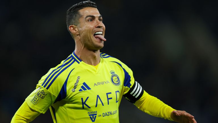 Cristiano Ronaldo of Al Nassr celebrates after scoring the 1st goal during the Saudi Pro League at King Abduallah bin Abdualaziz Sport City on January 30, 2025 in Buraydah, Saudi Arabia. 