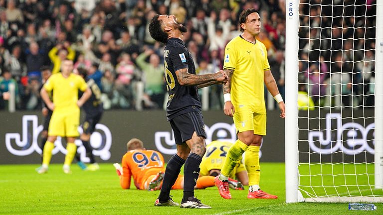 Juventus' Douglas Luiz celebrates after Lazio scored their own goal during a Serie A soccer match against at the Allianz Stadium in Turin, Italy, Saturday, Oct. 19, 2024. (Marco Alpozzi/LaPresse via AP)