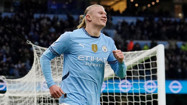 Erling Haaland celebrates after doubling Man City's lead