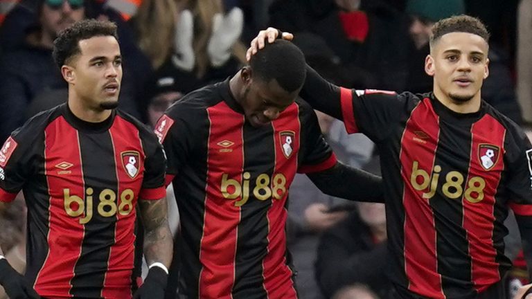 Bournemouth players congratulate Dango Outtara after the forward scored his second  goal of the game against West Brom