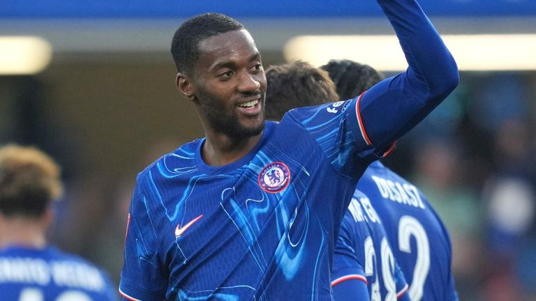 Tosin Adarabioyo celebrates after his deflected strike gives Chelsea the lead against Morecambe