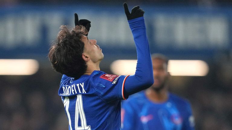 Joao Felix points skywards after scoring Chelsea's fifth goal against Morecambe