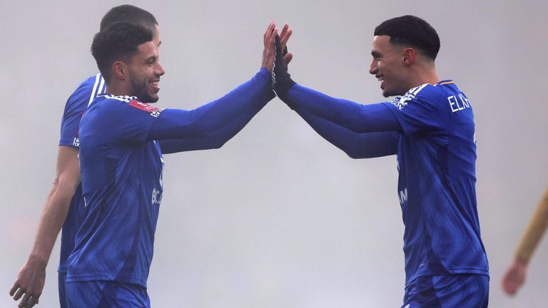 James Justin celebrates with Bilal El Khannouss after giving Leicester an early lead against QPR