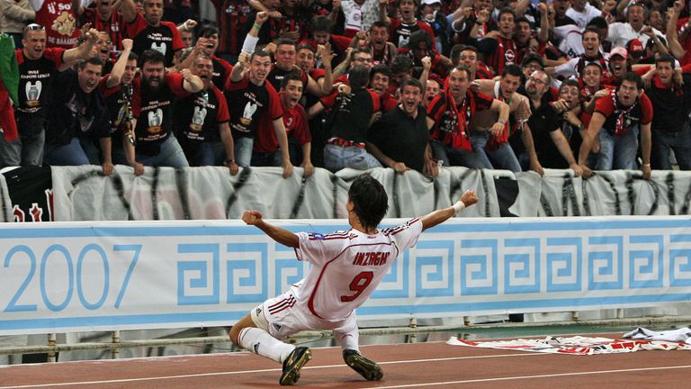 AC Milan's Filippo Inzaghi celebrates after scoring the opening goal during the Champions League Final soccer match between AC Milan and Liverpool at the Olympic Stadium in Athens in this May 23, 200