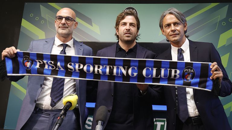 Davide Vaira of Pisa Sporting Club, Giovanni Corrado of Pisa Sporting club and Filippo Inzaghi manager of Pisa Sporting Club during a press conference to present new manager Filippo Inzaghi at Stadio Arena Garibaldi on July 10, 2024 in Pisa, Italy. 