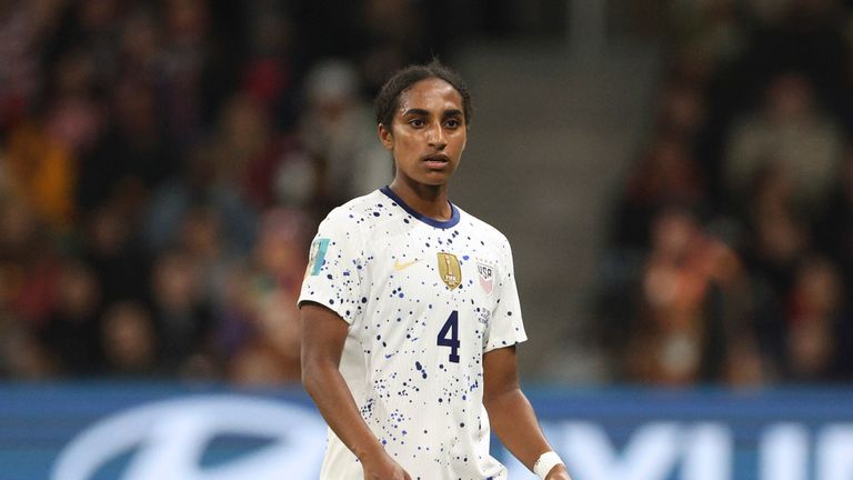 United States' Naomi Girma in action during the Women's World Cup round of 16 soccer match between Sweden and the United States in Melbourne, Australia, Sunday, Aug. 6, 2023. (AP Photo/Hamish Blair)