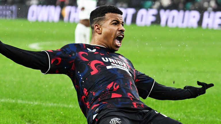 Rangers' Hamza Igamane celebrates after scoring to make it 3-2