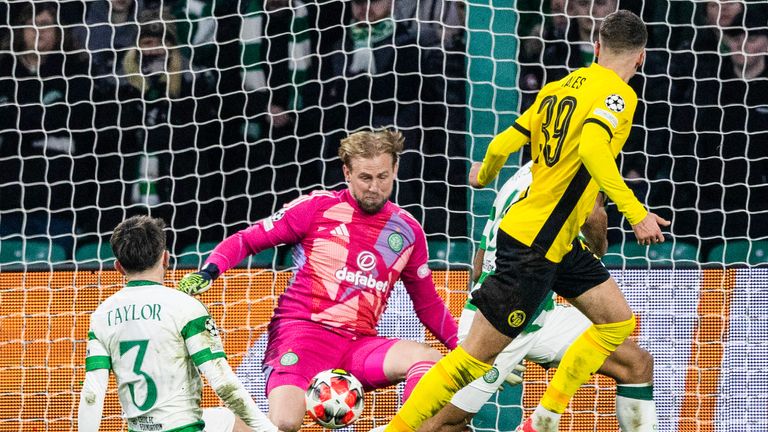 GLASGOW, SCOTLAND - JANUARY 22: Celtic goalkeeper Kasper Schmeichel makes a double save to deny Young Boys' Darian Males during a UEFA Champions League 2024/25 League Phase MD7 match between Celtic and BSC Young Boys at Celtic Park, on January 22, 2025, in Glasgow, Scotland. (Photo by Craig Williamson / SNS Group)