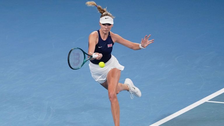 Britain's Katie Boulter plays a forehand return to Australia's Olivia Gadecki during their match at the United Cup tennis tournament in Sydney, Australia, Wednesday, Jan. 1, 2025. (AP Photo/Mark Baker)