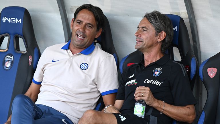  Simone Inzaghi of Internazionale and Filippo Inzaghi of Pisa during the Pre-season Friendly match between Pisa v Inter on August 02, 2024 at Arena Garibaldi in Pisa, Italy.