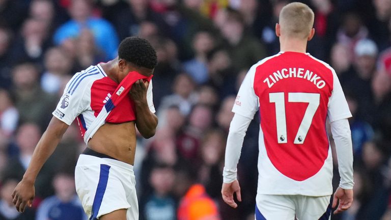 Arsenal's Myles Lewis-Skelly dejected after getting sent off against West Ham