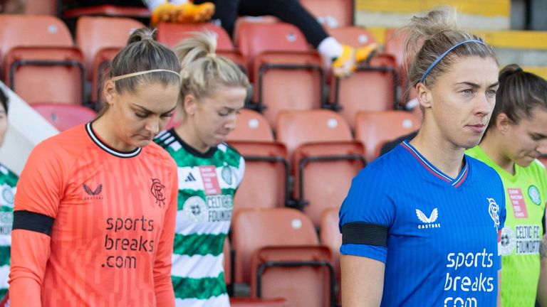 GLASGOW, SCOTLAND - OCTOBER 22: (L-R) Rangers' Jenna Fife and Nicola Docherty walk out during a SWPL match between Celtic and Rangers at the Excelsior Stadium, on October 22, 2023, in Airdrie, Scotland. (Photo by Alan Harvey / SNS Group)