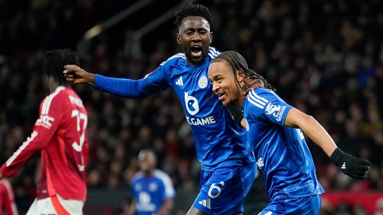 Leicester's Bobby Decordova-Reid, right, celebrates with Leicester's Wilfred Ndidi after scoring a goal against Manchester United