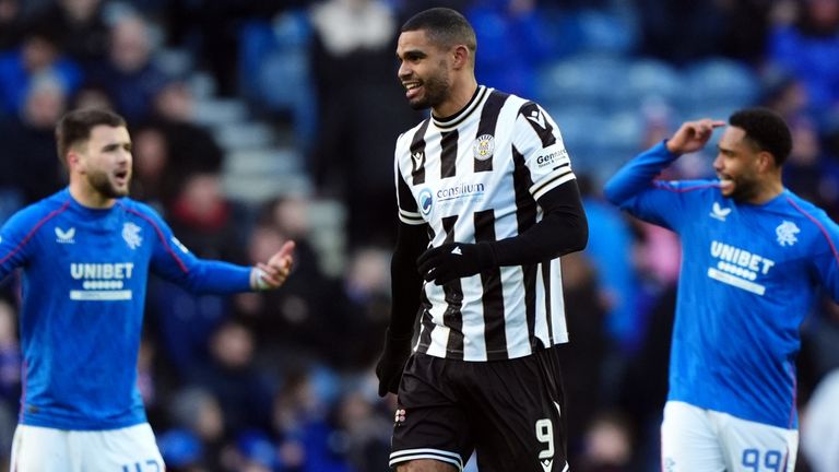 St Mirren's Mikael Mandron celebrates the second goal scored by Toyosi Olusanya