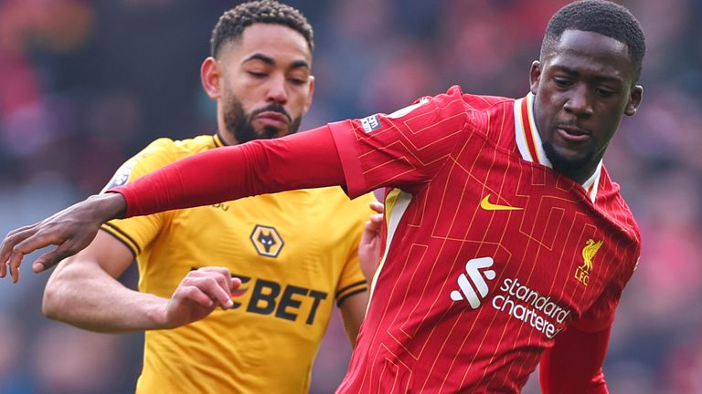 LIVERPOOL, ENGLAND - FEBRUARY 16: Ibrahima Konate of Liverpool and c of Wolverhampton Wanderers during the Premier League match between Liverpool FC and Wolverhampton Wanderers FC at Anfield on February 16, 2025 in Liverpool, England. (Photo by Robbie Jay Barratt - AMA/Getty Images)