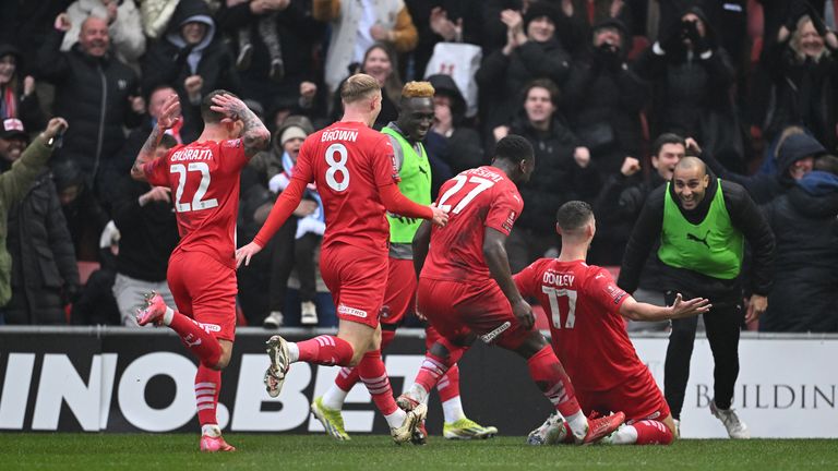 James Donley celebrating Leyton Orient's opener against Manchester City