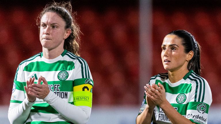 HAMILTON, SCOTLAND - OCTOBER 08: (L-R) Celtic's Kelly Clark, Shannon McGregor and Colette Cavanagh at full time during a UEFA Women's Champions League Group Stage Matchday One match between Celtic and FC Twente at the ZLX Stadium, on October 08, 2024, in Hamilton, Scotland. (Photo by Mark Scates / SNS Group)