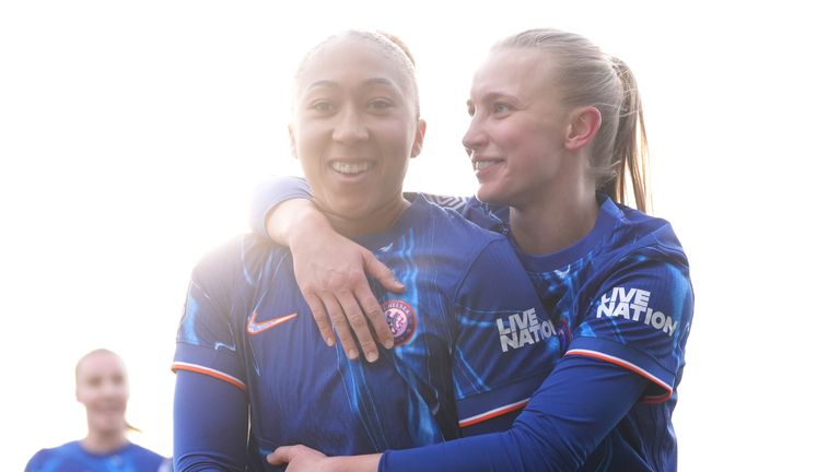 Lauren James celebrates her late winner with Aggie Beever-Jones