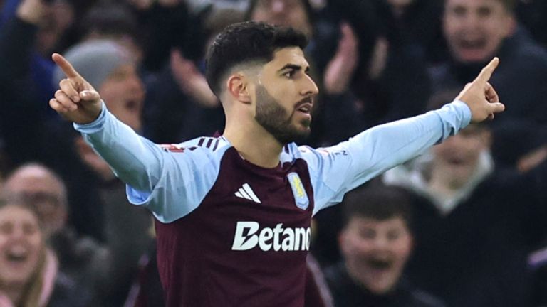 Aston Villa's Marco Asensio celebrates after scoring his side's second goal during the English FA Cup fifth round soccer match between Aston Villa and Cardiff City at the Villa Park stadium in Birmingham, England, Friday, Feb. 28, 2025. (AP Photo/Darren Staples)